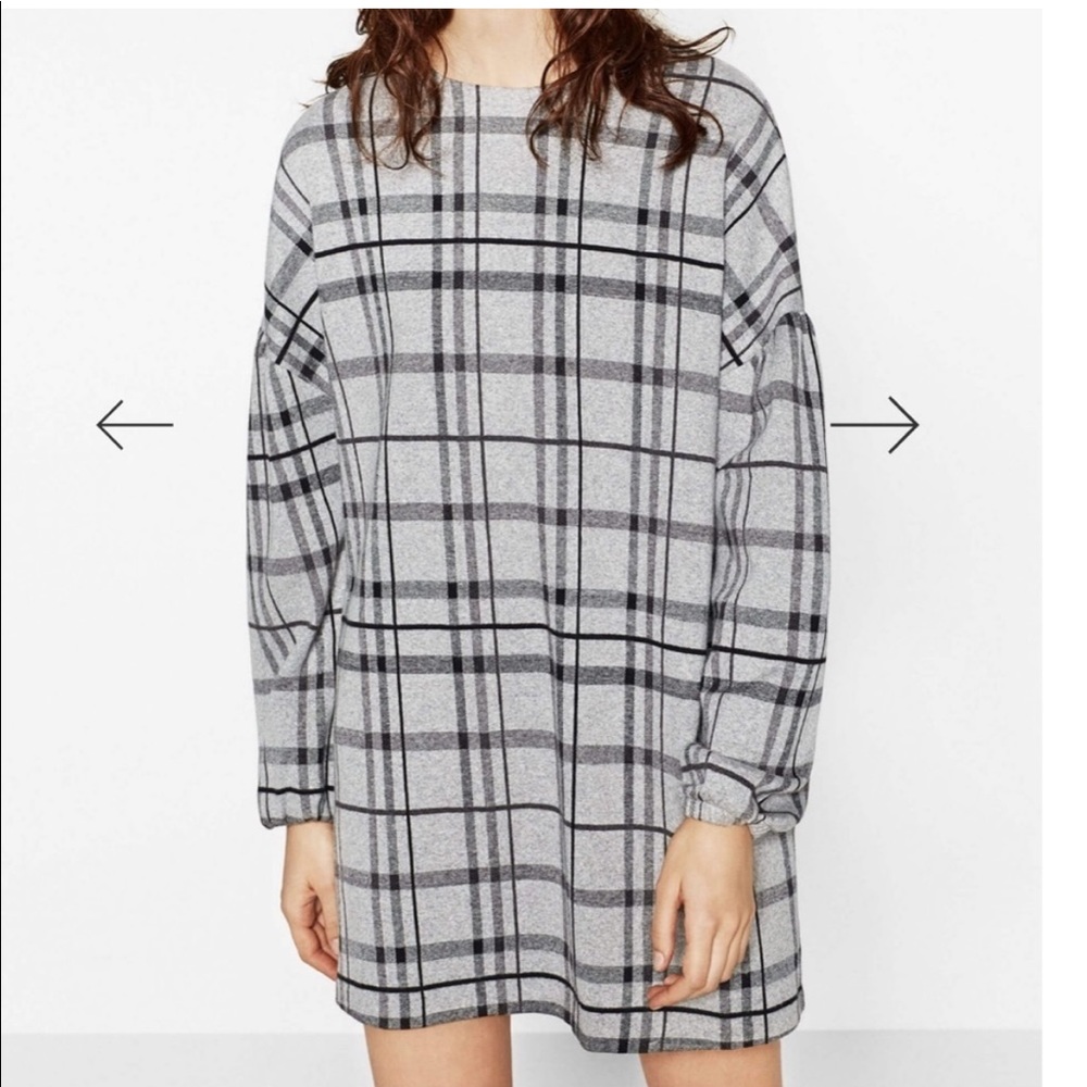 Zara Plaid Mini Lagenlook Dress With Dropped Puff Long Sleeves Size Large